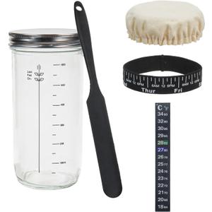 Sourdough Starter Kit with 600ml Glass Jar, Temperature Strip, Feeding Timer Band, Stirring Spoon, Cotton Cover Reusable Sourdough Bread Home Baking Supplies, Pack of 2 
