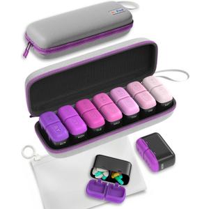 Weekly Pill Organizer, 7 Day Travel Medicine Pill case with Moisture-Proof Silicone Lid, Large AM PM Daily Pill Organizer 2 Times a Day for Vitamins & Supplements, Secure Zipper Pill Box(Purple)