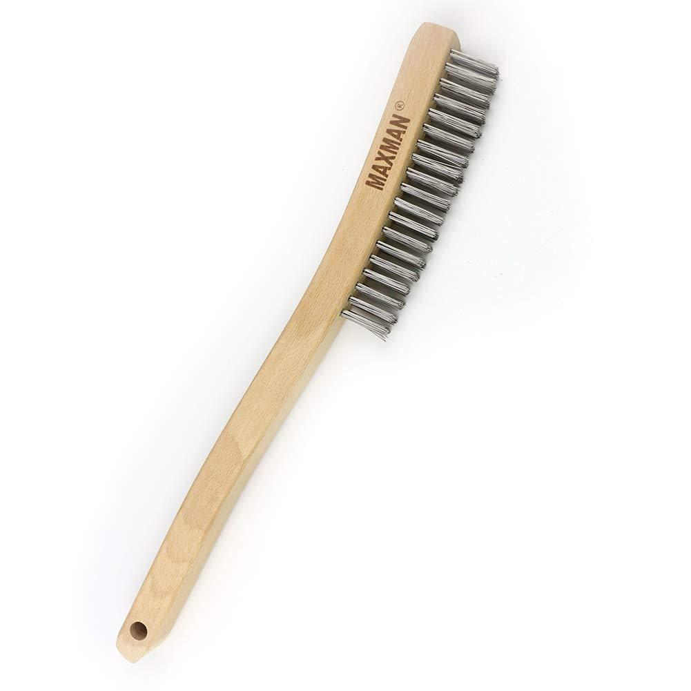 2 packs MAXMAN Wire Brush, Heavy Duty Stainless Steel Wire Brushes for Cleaning Rust, Grill Brush, Steel Brush for Paint Removal, Welding, Stiff Bristle Metal Brush with 14" Long Beech Handle, Large