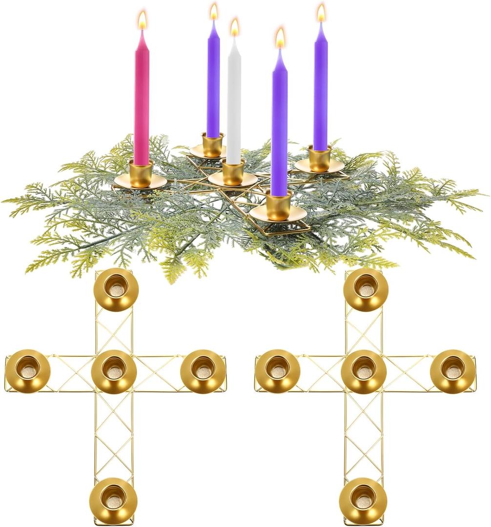 1 Pc Christmas Advent Candle Wreath Ring Metal Candle Holder for Pillar Advent Rustic Candlesticks Holders for Xmas Table Centerpiece Decor Home (Thin,Cross)