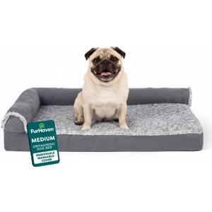 FurHaven Orthopedic Dog Bed for Medium Dogs, L-Shaped Chaise Mattress with Orthopedic Egg Crate & a Solid Orthopedic Foam Base for Joint Support, Washable Cover, Medium, Faux Fur & Suede, Stone Gray