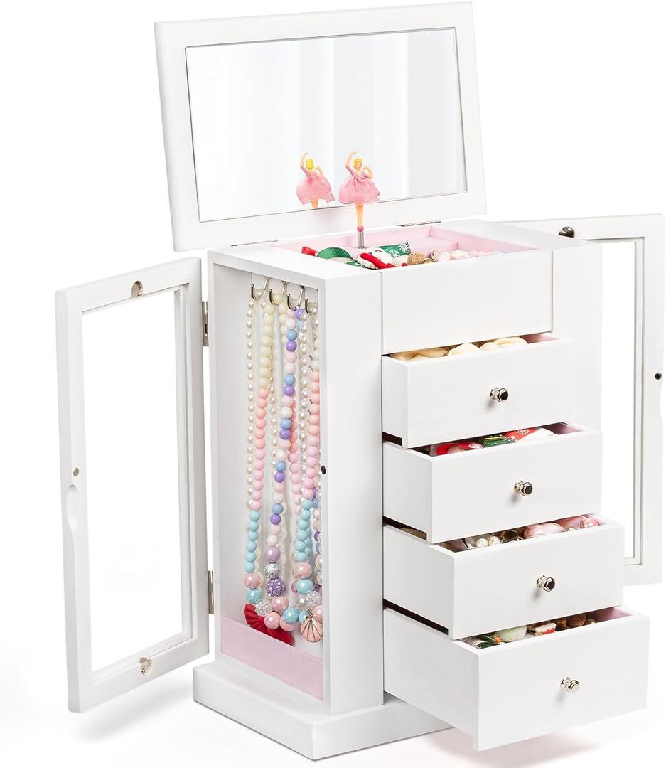 Emfogo Jewelry Box for Girls, Musical Jewelry Box with Spinning Dancer Gifts for Little Girls Christmas New Year Birthday Children's Day, 5 Layer Large Wooden Kids Music Jewelry Organizer Box (White)