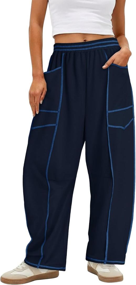 Magritta Womens Baggy Barrel Casual Pants Wide Leg Lounge Fashion Palazzo Pants with Pockets (Large)