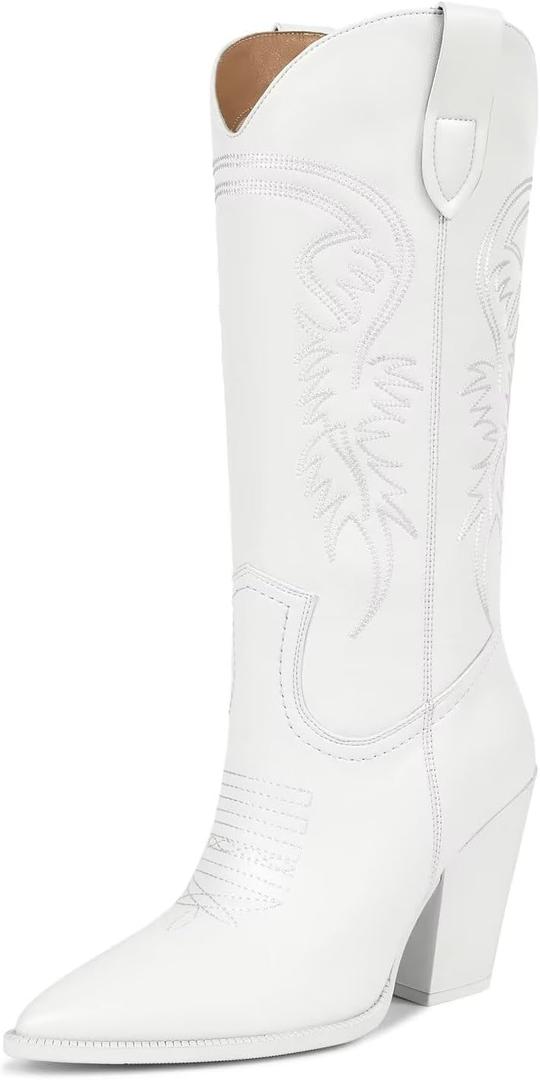 ISNOM Cowboy Boots Cowgir Boots for Women, Pointed Toe Chunky Heel Western Boots (8.5, Matte White)