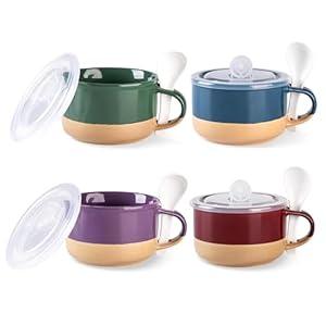 GBhome Ceramic Soup Mugs with Handles and Lids, 24 OZ Soup Cups Set of 4 with Terracotta Underside, Mug Bowls with Spoon for Soup/ Cereal/ Salad/ Noodles/ Ramen/ Microware &Dishwasher Safe-Multicolor-2