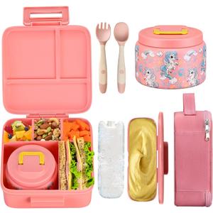 Bento Lunch Box for Kids With 8oz Soup Thermo,Leak-proof Lunch Containers with 5 Compartment,Thermos Food Jar and Lunch Bag, Food Containers for School (A-Pink(Fantasy Unicorn))