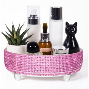 Pink Bling Perfume Makeup Organizer Bling Mother's Day Nurses Day Gifts for Women Bathroom Organizers and Storage 360 Rotating Makeup Organizer for Countertop(Resin Stone)