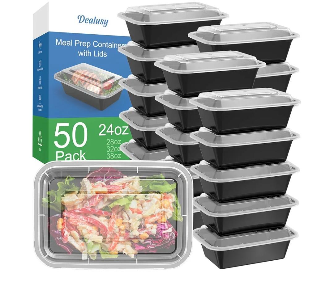 Dealusy 50 Pack (100-Piece) 38 oz Meal Prep Containers Reusable with Lids, Sturdy Leakproof & Food Safe, Microwave, Freezer, Dishwasher Safe Prep Containers, To Go Take Out Plastic Food Storage