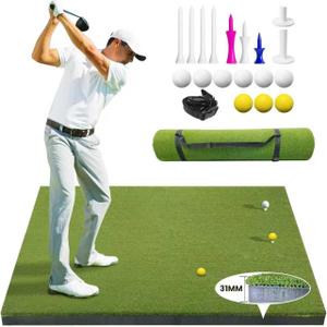 Golf Hitting Mat 5x4ft, 31mm Artificial Turf Practice Mat with 9 Tees, Durable EVA Backing for Indoor | Outdoor Driving, Chipping & Swing Training with Carrying Case