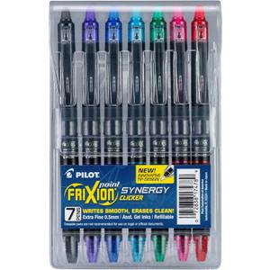 Pilot FriXion Synergy Clicker Erasable, Refillable, Retractable Gel Ink Pens, Extra Fine Point 0.5 mm, Pack of 7, Assorted Colors, FriXion Erasable Pens 0.5 - Ideal for School & Office Writing
