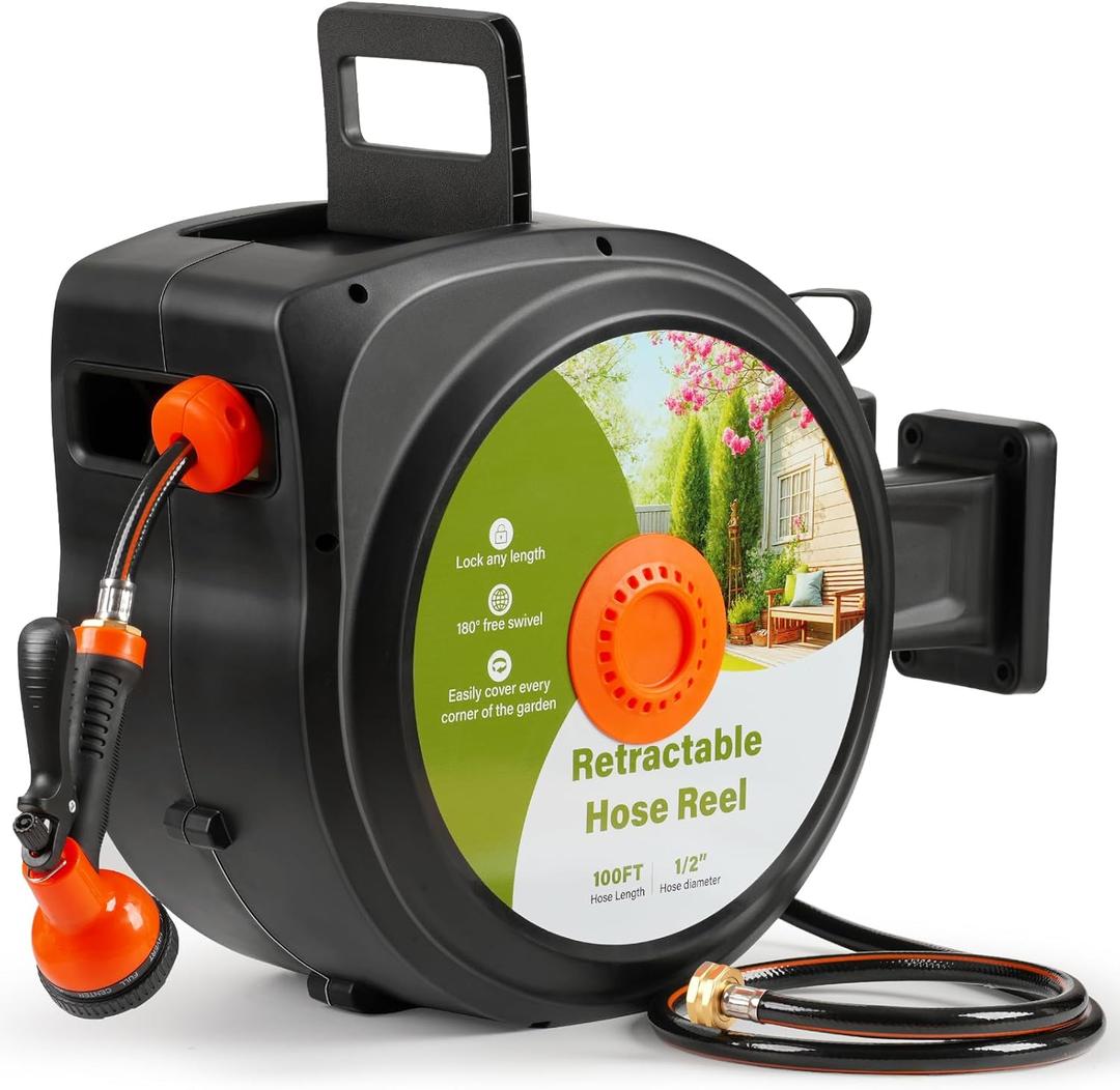 YSEAGA Retractable Garden Hose Reel 100 ft x 1/2 in,Super Heavy Duty Automatic Wall Mount Water Hoses Reels for Outdoor, Any Length Lock, Slow Return System,180 Swivel Bracket,10 Pattern Nozzle