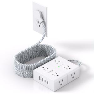 Surge Protector Power Strip 15 Ft Cord, Ultra Thin Flat Extension Cord with 8 Outlets 4 USB Ports(2 USB C), Flat Plug Power Strip, 15 Ft Long Braided Power Cord for Home, Office, Dorm Room Essentials (White & Grey)