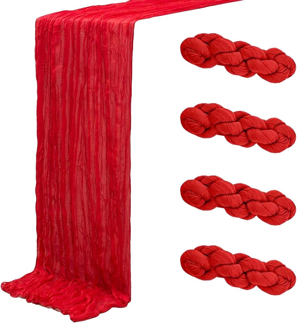 4Pack Red Cheesecloth Table Runners 120Inch Gauze Table Runner Cheese Cloth Red Table Runner Rustic Sheer Runner for Wedding Baby Shower Birthday Party Table Decor