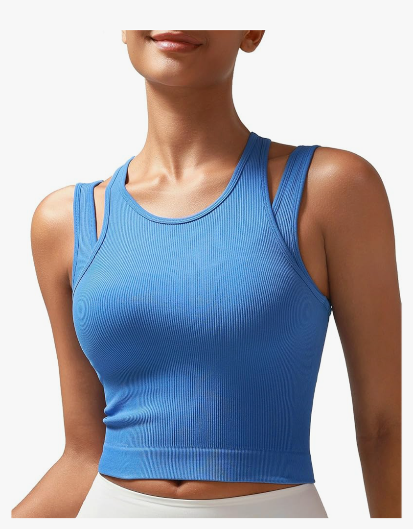 RUNNING GIRL Sports Bras for Women High Impact Seamless Ribbed Longline High Neck Workout Crop Tank Tops Padded, Size M