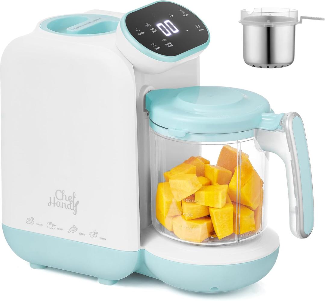 Chefhandy Baby Food Maker with Stainless Steel Steam Basket, One-Step Baby Food Processor Steamer Blender Puree Maker, Auto Steam & Blend for Homemade Baby Food, Includes 6 Reusable Food Pouches (White-blue)