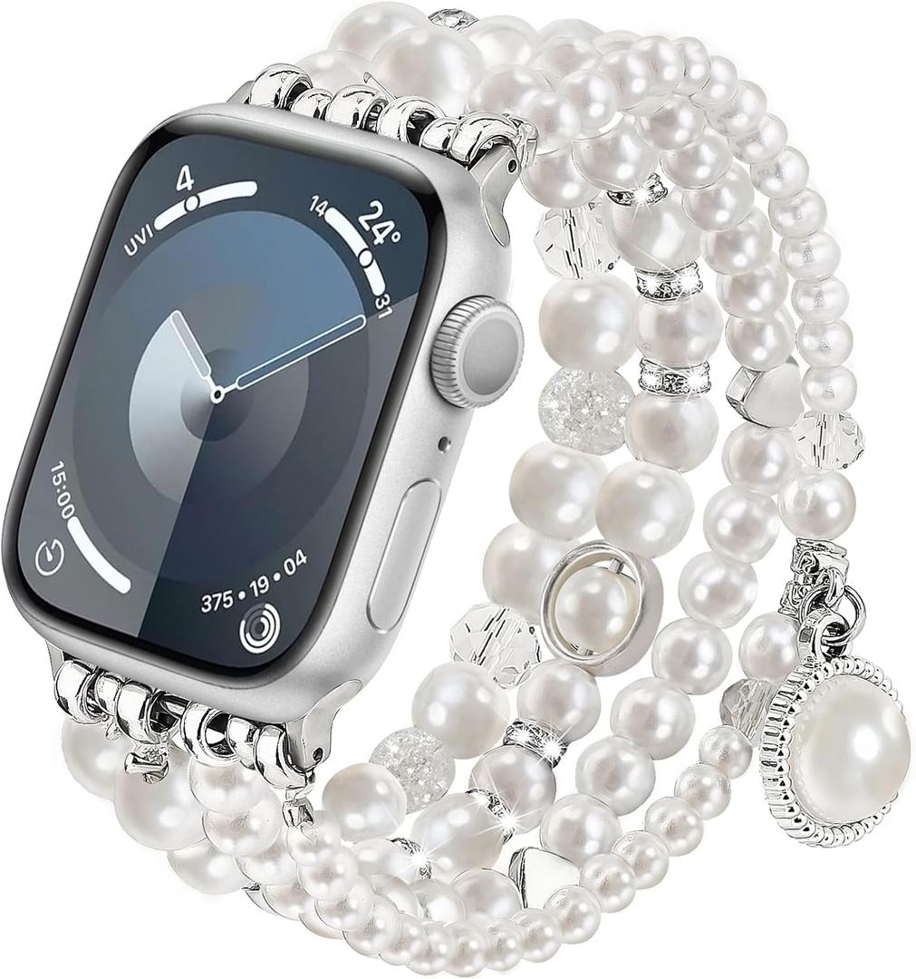 V-MORO Compatible with Apple Watch Band Pearl Series 10(42mm)/9/8/7 41mm/40mm Women Fancy Beaded Elastic Bracelet Bling Jewelry Strap for iwatch SE Series 6/5/4/3/2/1 Pure White,for 5.5"-6.2" Wrist (M-38mm/40mm/41mm/42mm(series 10), Pearl White)