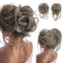 SARLA 2PCS Grey Messy Bun Hair Pieces for Women Wavy Curly Synthetic Hairpieces for Updos with Tendrils Fake Scrunchies Ponytail Extension Middle Grey