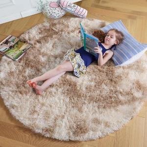 Amdrebio Tie-Dyed Beige Tan Round Circle Area Rug 5Ft for Bedroom, Fluffy Plush Shag Furry Rugs for Kids Room, Living Room Decor Aesthetic, Cute Fuzzy Neutral Carpet for Baby Nursery Playroom Dorm