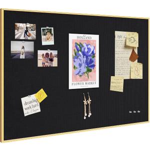 Lightomorrow Bulletin Board 30 x 20 inches, Black Pin Board, Golden Aluminum Framed Fabric Cork Board with 10 Push Pins