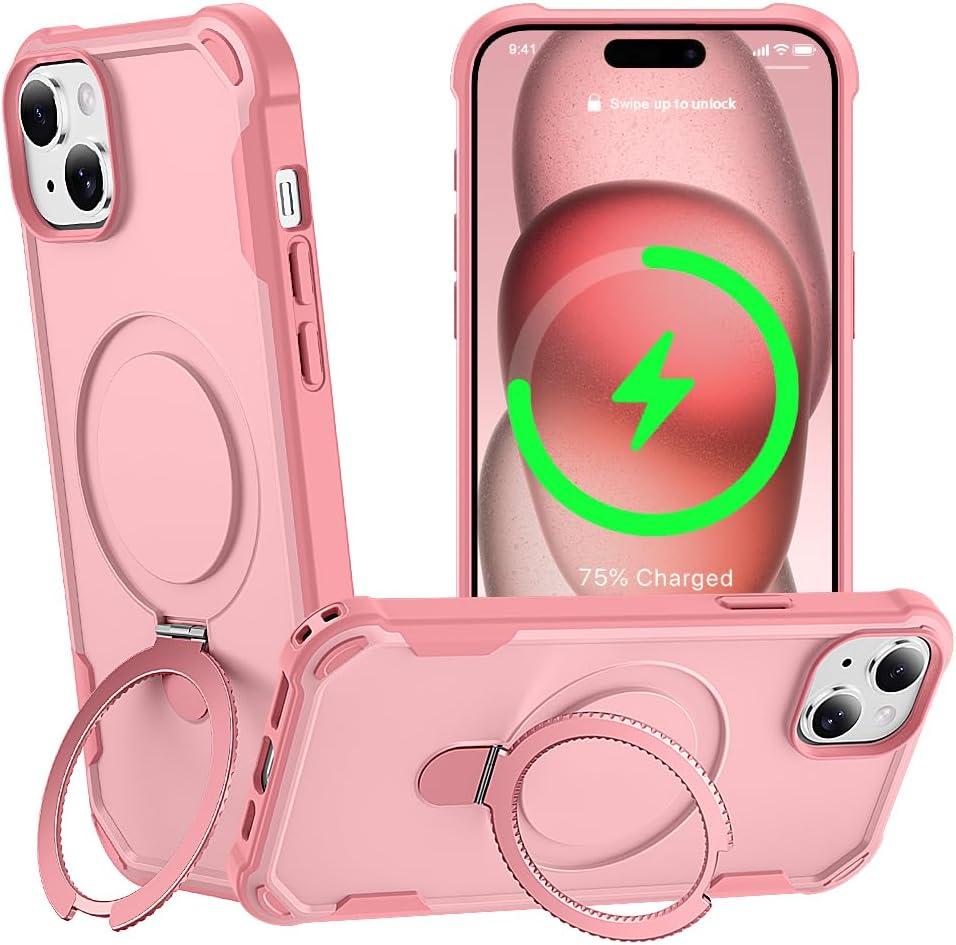 CHAOFEnG Designed for iPhone 15 Plus Case with Magnetic Stand [Military Drop Protection][Compatible with Magnet] Shockproof 15 Plus Phone Case with Ring Holder, Pink