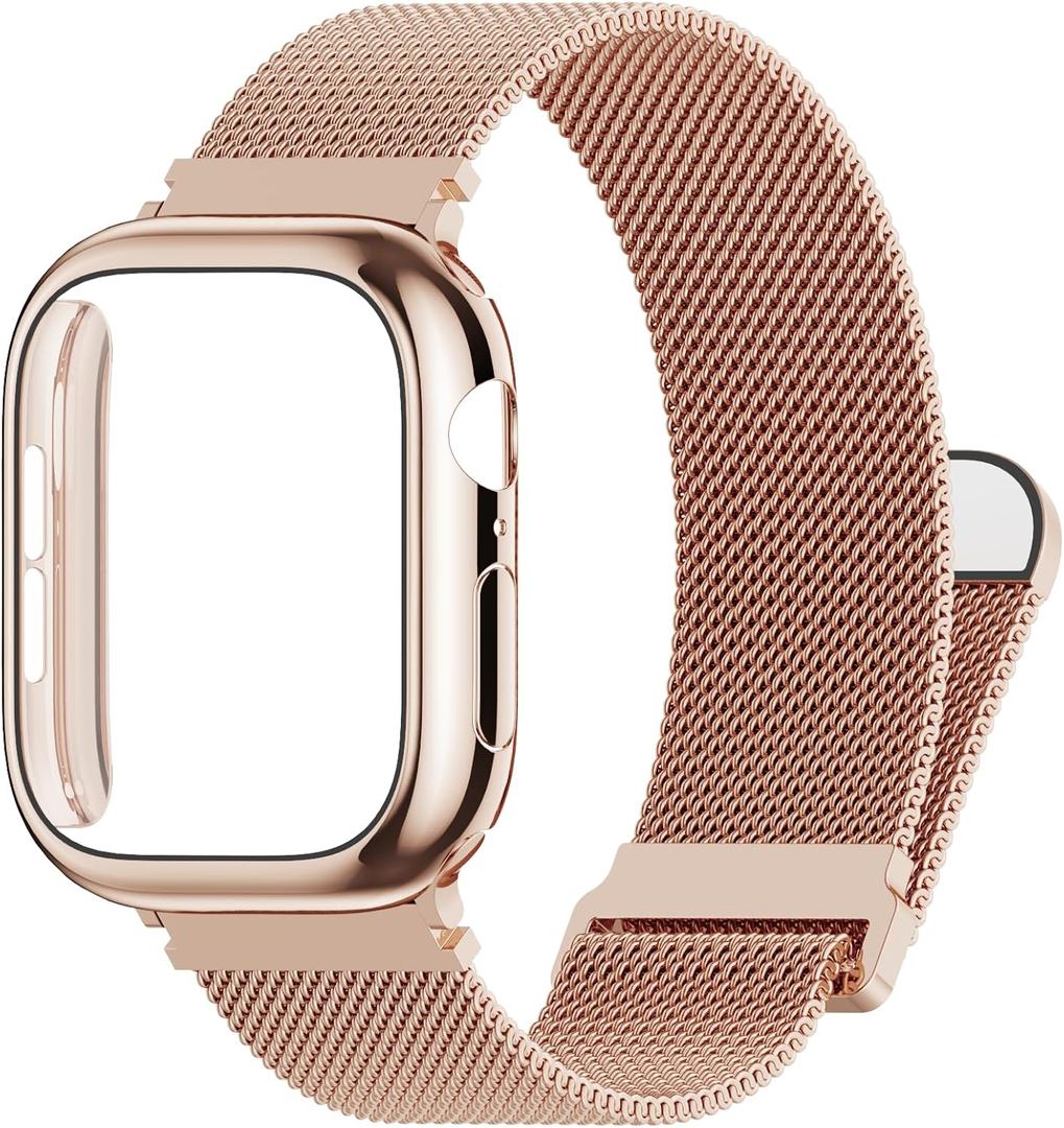 Vigamen Metal Magnetic Replacement Band and Case Compatible with Apple Watch Bands 38mm Women Men, Adjustable Stainless Steel Milanese Loop Strap for iWatch Series 3 2 1, Rose Gold