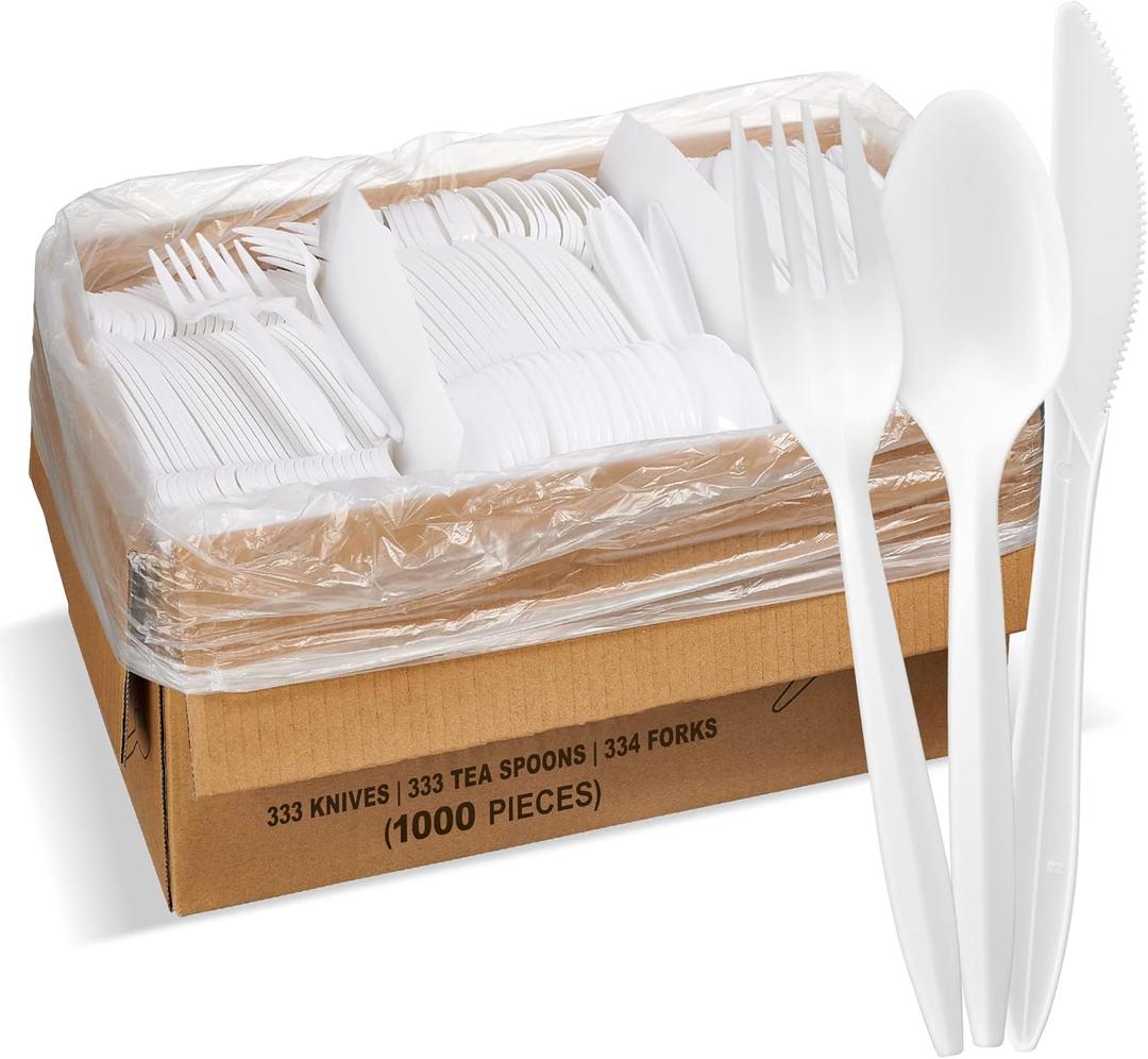 1,000 Plastic Disposable Cutlery Bulk Variety Pack White Medium Weight Includes 334 forks, 333 knives, 333 soup spoons, Disposable Silverware Plastic Cutlery