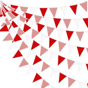 32Ft Red Party Decorations Red Plaid Checkered White Triangle Flag Gingham Pennant Bunting Fabric Garland for Christmas Wedding Birthday Carnival Picnic X-mas Outdoor Home Party Festivals Decoration