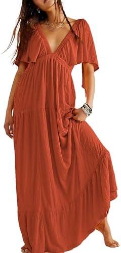 Kikibell Women Summer Dresses Sexy V-Neck Maxi Dress Tiered Silhouette with Flutter Sleeve Backless Elastic Waist Flowy Dress, XL