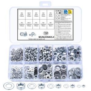 760 Pcs Metric Hex Nut and Washer Assortment Kit - M2 M2.5 M3 M4 M5 Carbon Steel Hardware, with Flat Washers & Storage Case for Automotive, Machinery & DIY