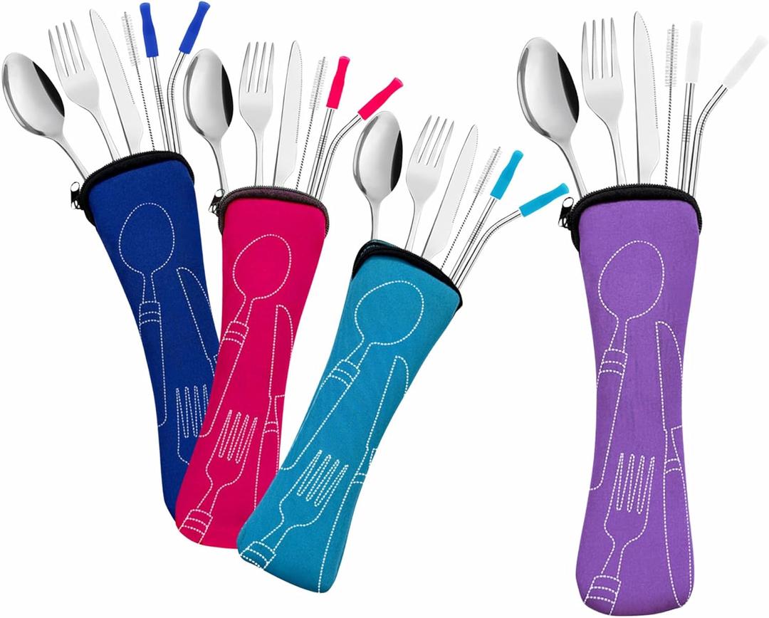 Travel Utensils Set with Case 4 Pack, Reusable Stainless Steel Portable Cutlery (Fork, Spoon, Knife, Straws & Cleaner) for Work, Dorm, Camping, Lunch Box, Compact Durable Silverware by Ecoberi (Multicolor)