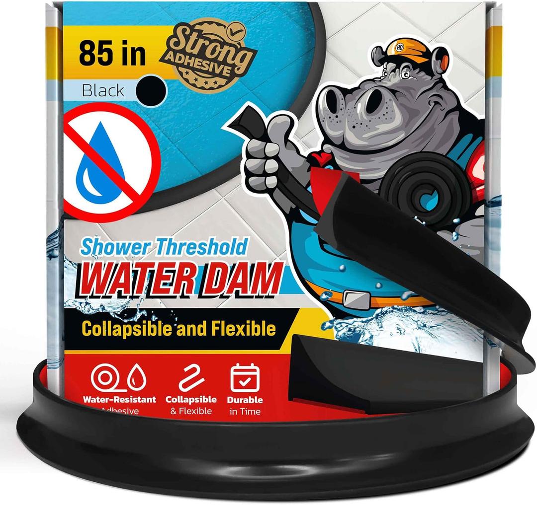 Shower Threshold Water Dam Barrier 85" - Black Collapsible Shower Water Blocker - Guard for Walk in Shower - Water Guard Stopper for Floor - Shower Door Water Blocker by Hippo Dam
