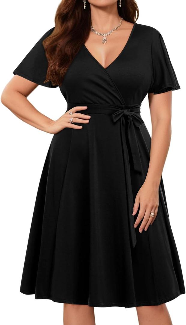 Pinup Fashion Women Plus Size Dresses Wedding Guest - Semi Formal Cocktail Wrap Empire Waist Midi Dress (Black, 20W)