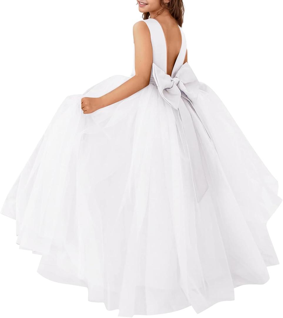 MCieloLuna Flower Girls Satin Tulle Princess Pageant Dress for Wedding Kids Pearls Prom Ball Gowns with Bow-Knot (2, White)