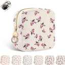 Small Makeup Bag for Purse, Corduroy Flowers Cosmetics Bag, Mini Travel Makeup Pouch for Women, Birthday/Wedding/Christmas Gifts (Floral-Pink)