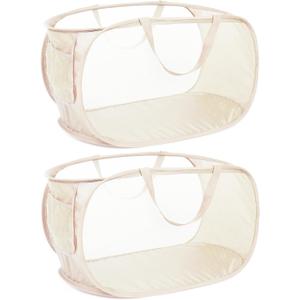Durable Collapsible Laundry Baskets, Mesh Pop Up Laundry Hamper with Side Pocket, Foldable Clothes Hamper with Reinforced Carry Handles for Laundry, Bathroom, Kids Room, Dorm or Travel 2 Pack Beige