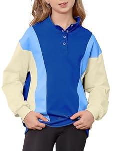 LIFAky Girls Half Collar Sweatshirt Size 11-12Y Blue and White Pullover Clothes Girls Color Block Outfits Long Sleeve Casual Tops