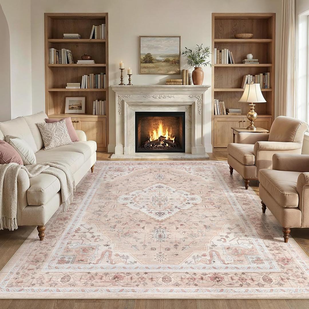 9x12 Rugs for Living Room, Washable Area Rug Pink Vintage Carpet for Bedroom Nursery Dining Room, Non-Slip Soft Thin Stain Resistant, Retro Floral Rugs for Girls