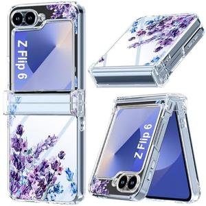 FCSWEET for Samsung Galaxy Z Flip 6 Case with Hinge Protection,Clear Floral Lavender Shockproof Protective Hard PC Slim Floral Women Phone Case for Z Flip6 - Purple Lavender