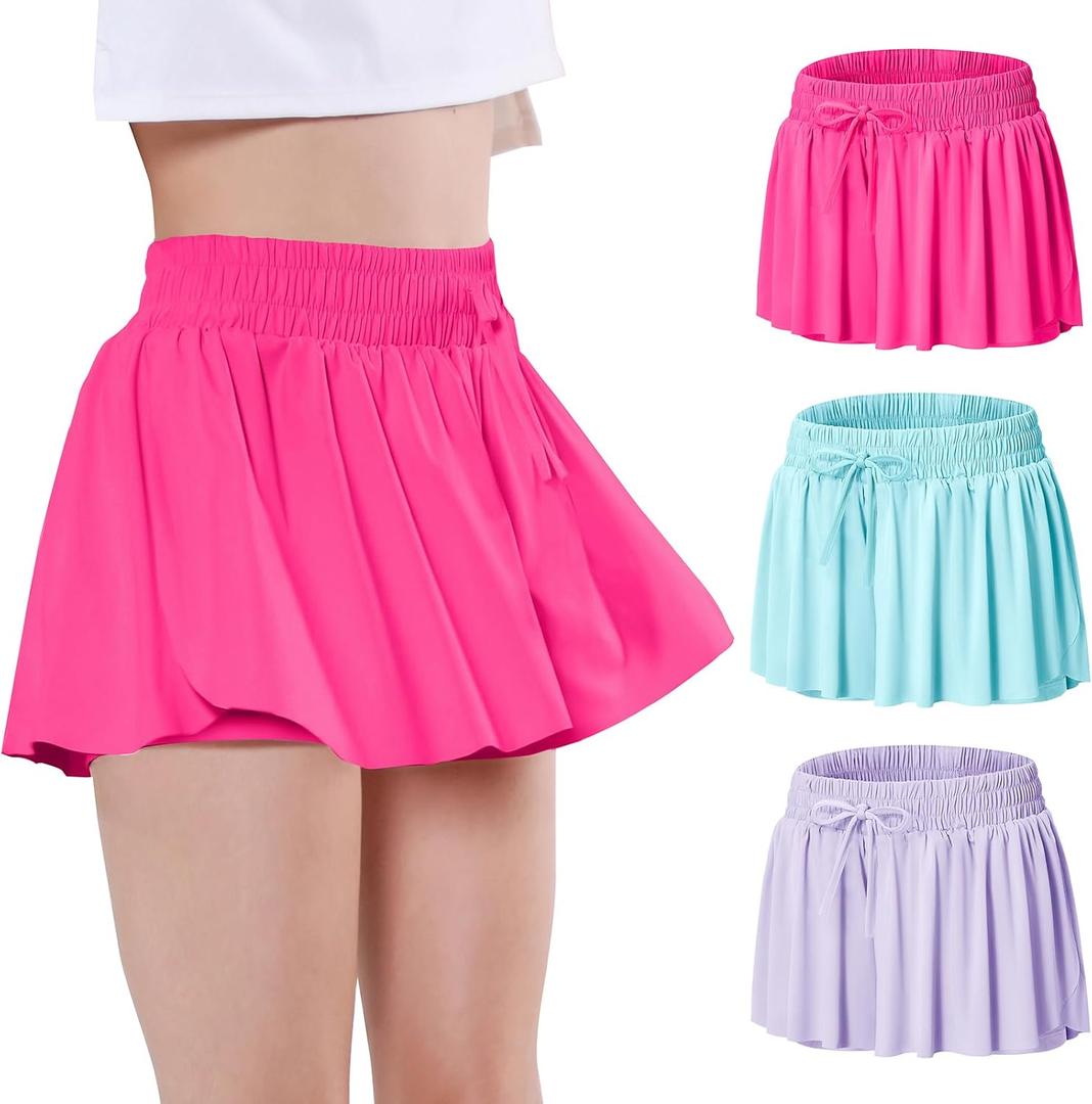 EXARUS Girls Butterfly Shorts Athletic Dance Flowy Skorts Teen Cheer Skirt Tween Clothes Youth Preppy Outfit Kids 8Y