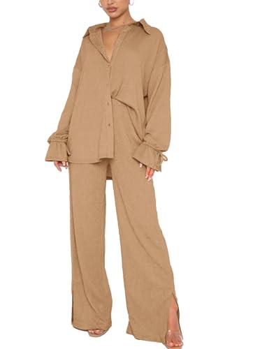 LYANER Women's 1 Piece Outfits Button Down Long Sleeve Leg Pants Set Khaki, X-Large