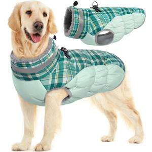 FUAMEY Dog Coat for Large Dogs,Waterproof Dog Winter Jacket with Harness Built in Puppy Cold Weather Coats Reflective Pet Vest with Zipper Warm Fleece Dogs Snowsuit Windproof Green Plaid XL (XL(chest:30in)