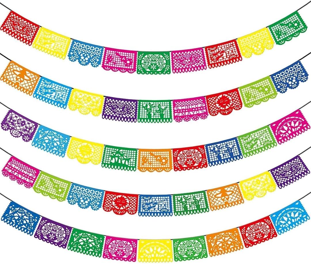 Asoulin 5PCS Mexican Party Banners, Cinco De Mayo Decoration Fiesta Party Decoration, Mexican Themed Party Decor 5 De Mayo Banner Plastic Papel Picado, Mexico Birthday Party Supplies -12 Patterns/90FT