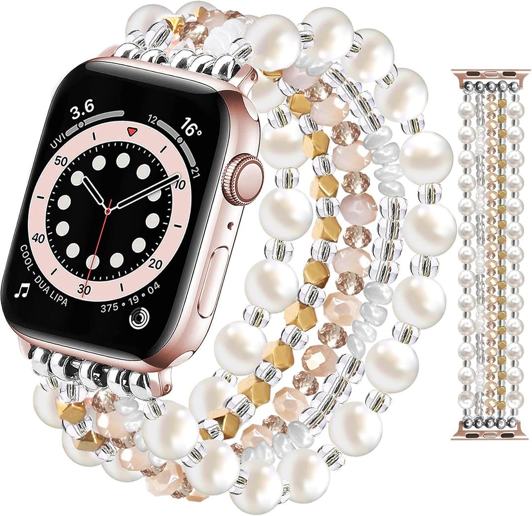 JR.DM Beaded Bracelet Bands for women Compatible with Apple Watch 40mm 38mm 41mm 44mm 42mm(S10/11) Fashion Cute Dressy Stretchy Handmade Strap for iWatch Series E Pearl Gold, 41/40/38/42mm (S10/11)-S