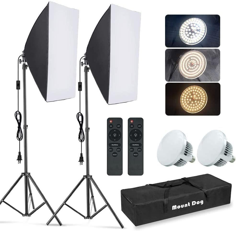 MOUNTDOG Softbox Lighting Kit, 2x19.7"x27.5" Photography Continuous Lighting System with 2pcs 85W 5700K E27 Socket LED Bulbs and Remote for Portrait Product Fashion Photography (white-2)