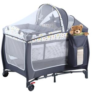 4 in 1 Pack and Play,Portable Nursery Center Baby Playard with Bassinet &Changing Table,Foldable Baby Crib Travel Playpen with Wheels,Removable Canopy with Toys,Storage Bag (Grey)