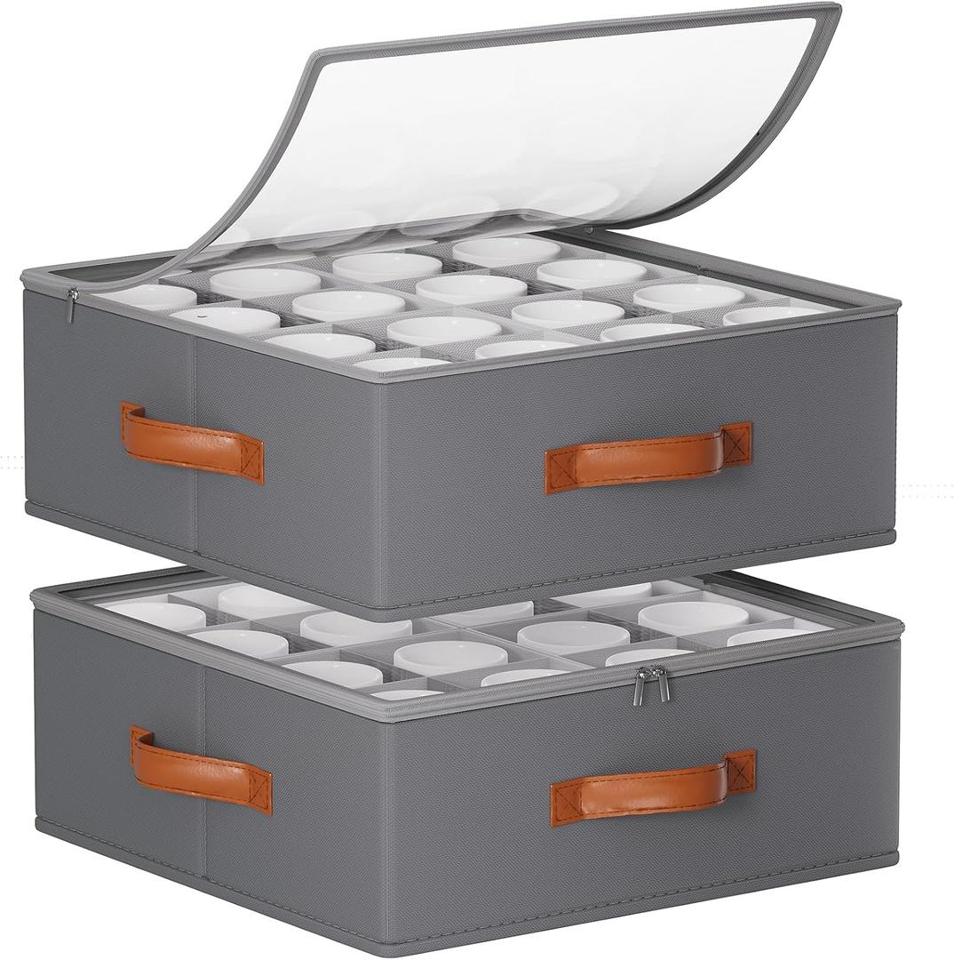Foyego 2 Pack Coffee Mug Storage Box with Dividers, Stackable China Storage Containers with Lid, Zipper, and Handles for 32 Mugs and Cups, Mug Storage Organizer for Packing & Moving, Gray