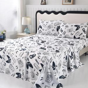 SDIII 4PCS Black and White Gamer Bedding Sheet Sets for Boys Girls Teens and Kids, Bed in a Bag Full Sheet Set, Video Game Bed Sheet Set on Amazon, Full