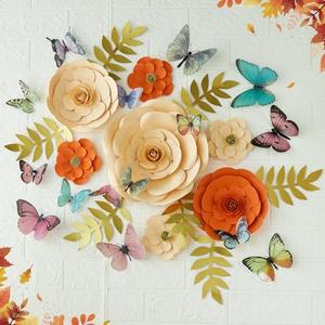 Large Paper Flowers Decorations for Wall, Artificial 3D Flower Wall Decor with Butterfly Sticker Orange Champagne Floral Wall Decal for Classroom Spring Garden Tea Bulletin Board Decorations