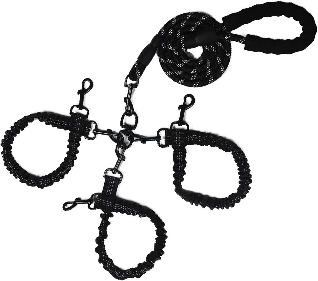 Dog Double Leashes,Rope Bungee Three Leash with Padded Handle Removable for 3 Dogs,Tangle-Free, Padded Handles, 360 Swivel Control (Black, 3 Way)