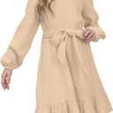 blibean Girls Cotton Long Sleeve Dresses Ruffled Semi Formal Dress Size 6-15 Years (Beige, XXL)